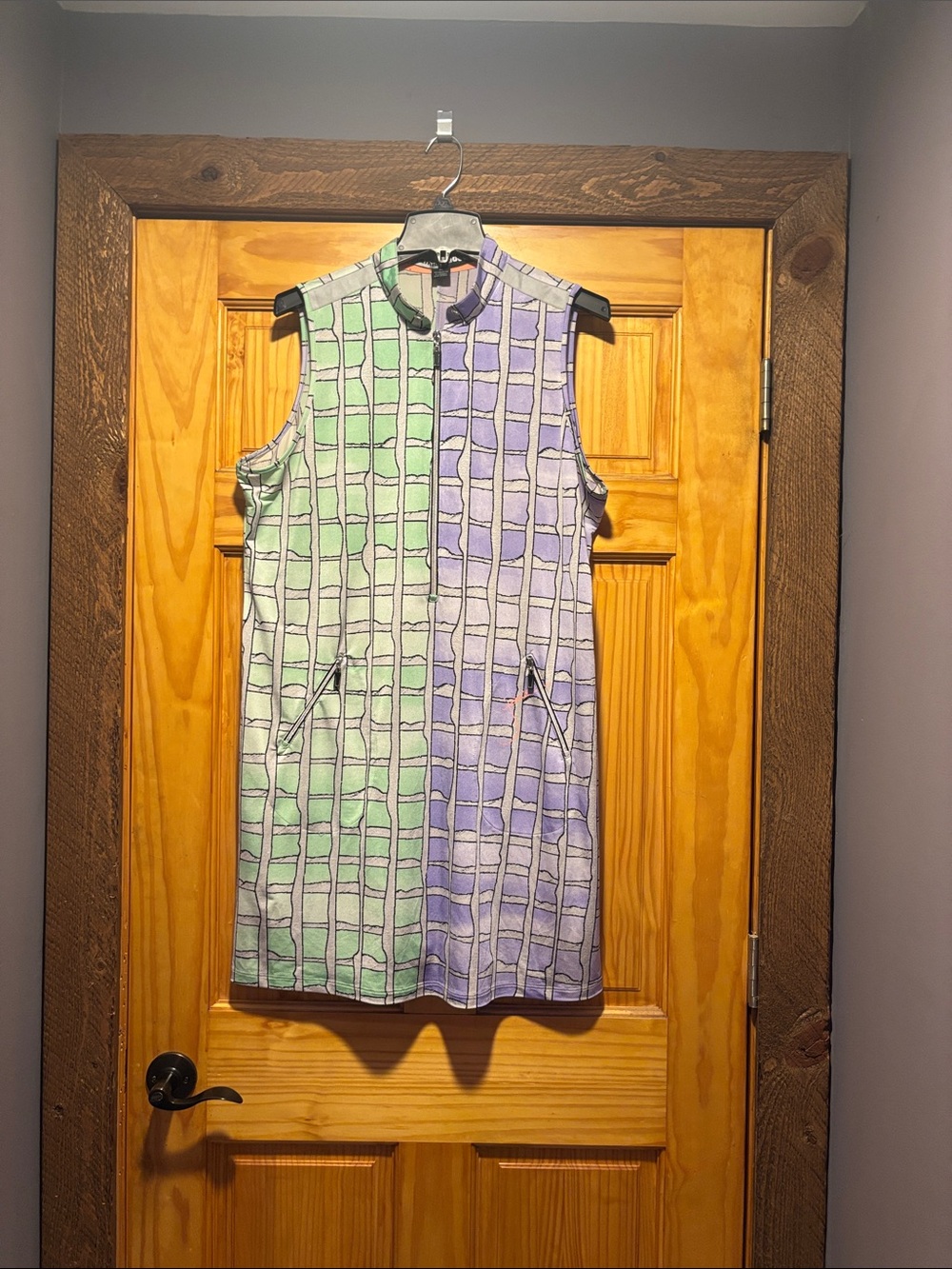 jamie sadock Mint Green and Lavender Sleeveless Grid Golf Dress